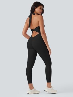 ❤️‍🔥BOGO FREE HALARA airy softly Black Jumpsuit Athletic Bodysuit Halter Large